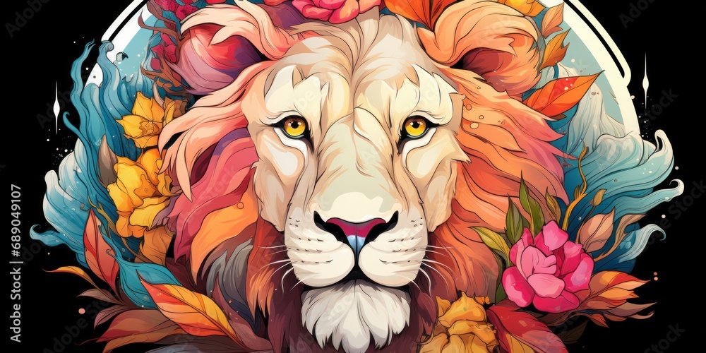 Lionface circle tshirt design, in the style of detailed botanical illustrations, colorful cartoon, exotic atmosphere, 2d game art, white background