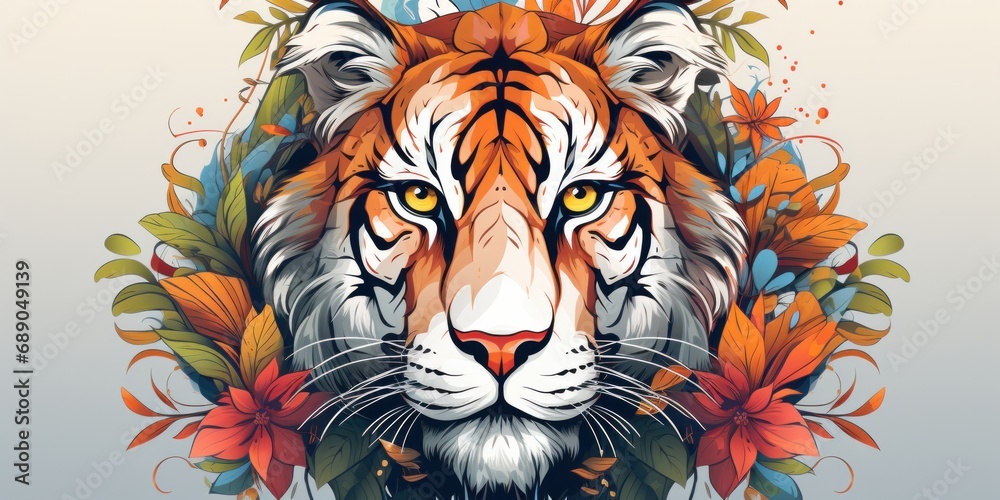 Tigerface circle tshirt design, in the style of detailed botanical illustrations, colorful cartoon, exotic atmosphere, 2d game art, white background
