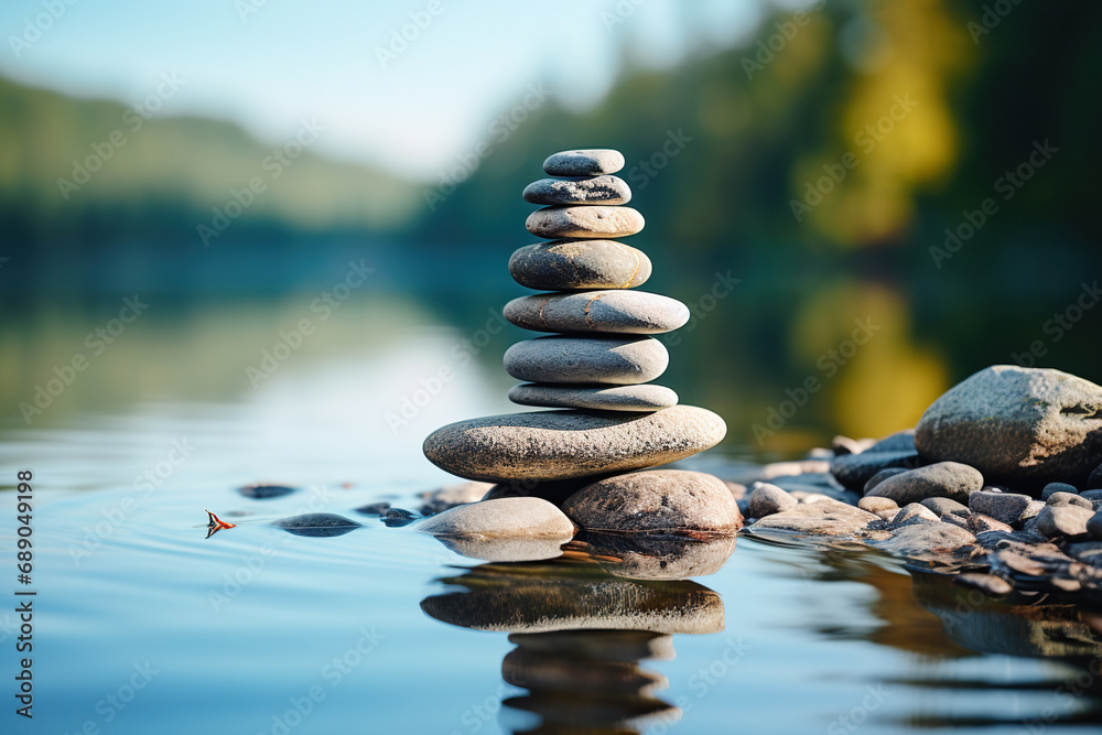 A stack of smooth stones on the shore of a lake or river. Generative AI