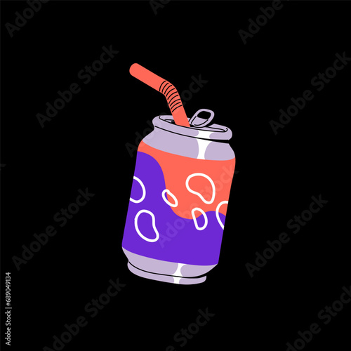 Vintage soda can. Carbonated drink in retro aluminium bottle with straw, tube. Fizzy beverage with bubbles. Cold tonic, fresh cola, aerated sweet, sugar water. Flat isolated vector illustration