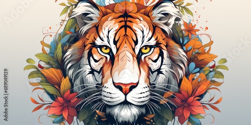 Tigerface circle tshirt design  in the style of detailed botanical illustrations  colorful cartoon  exotic atmosphere  2d game art  white background