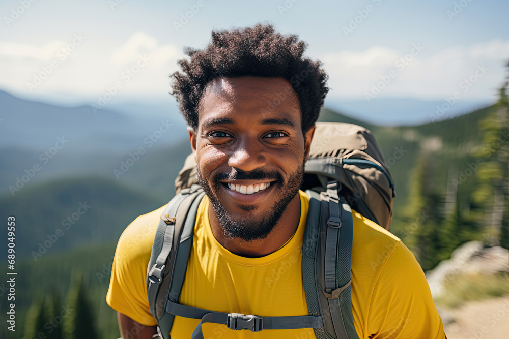 Portrait of happy african american man with backpack in mountains at summer