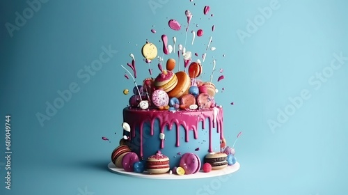 Birthday colorful cake decorated with sweets on a blue background poured with chocolate. 3d.