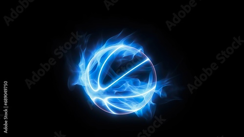 Black basketball with bright blue glowing neon lines on black background with smoke. 3d render