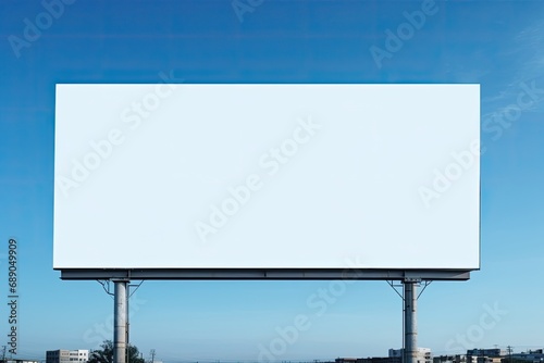 A vacant billboard set against a clear blue sky, ready for advertising messages in an urban setting.