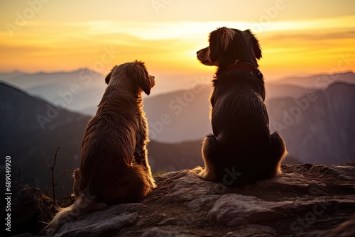 A cute puppy accompanies its dog friend, enjoying a breathtaking mountain sunset view on a hike. © Iryna
