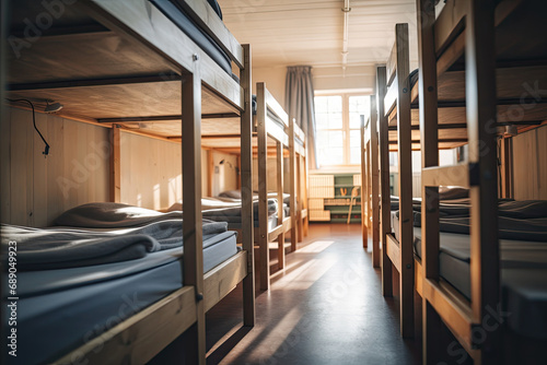 A modern dorm room with bunk beds, inviting travelers or students to rest peacefully. photo
