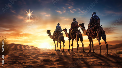 Christmas religious nativity concept. Three wise men on a camels on desert go to Shining bright bethlehem star. Epiphany concept, nativity of Jesus photo