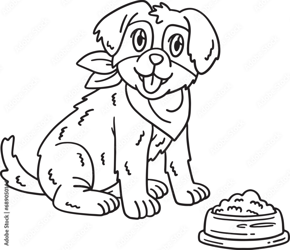 Dog with a Bowl of Food Isolated Coloring Page 