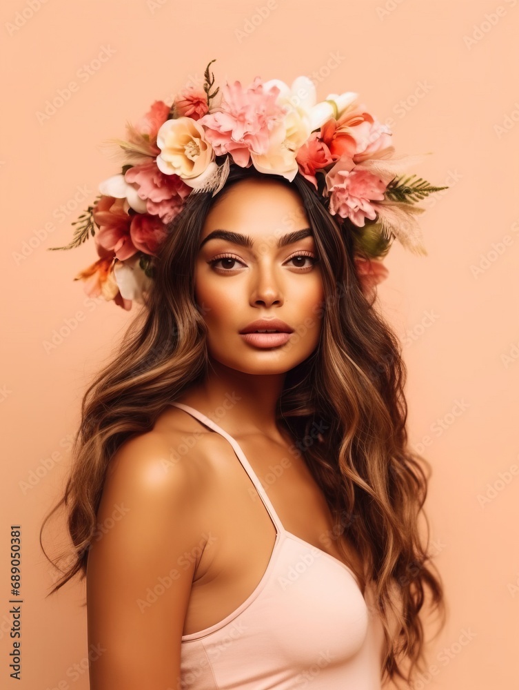 Photo beautiful latin young woman wearing hawaii flower crown on pastel background 