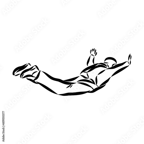 Hand drawn sketch of wingsuit in black isolated on white background.