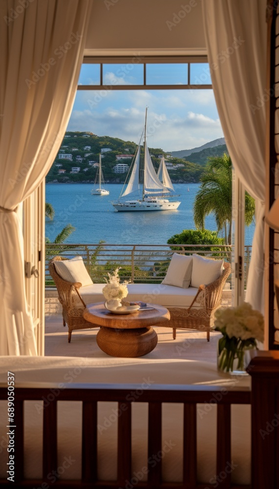 A breathtaking view from Coastal Serenity Suite's bedroom, overlooking a picturesque bay with sailboats peacefully gliding across the tranquil waters.