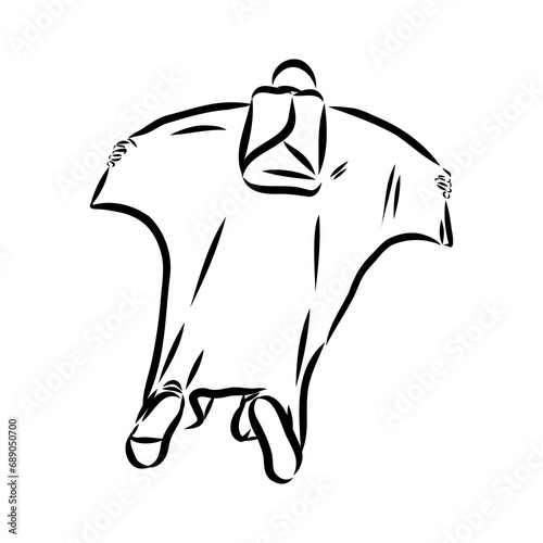 Hand drawn sketch of wingsuit in black isolated on white background.