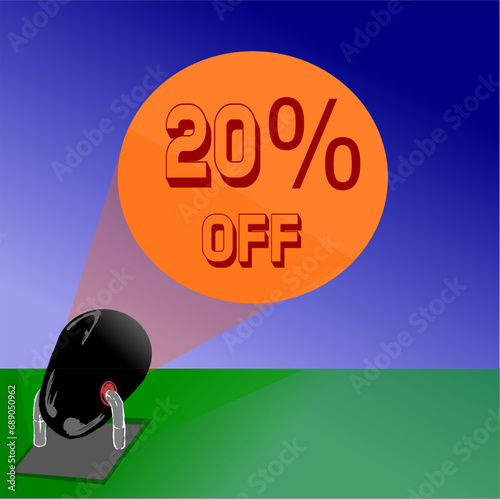 20% gray, black and red reflector iluminates promotions and discounts in the blue sky, in orange