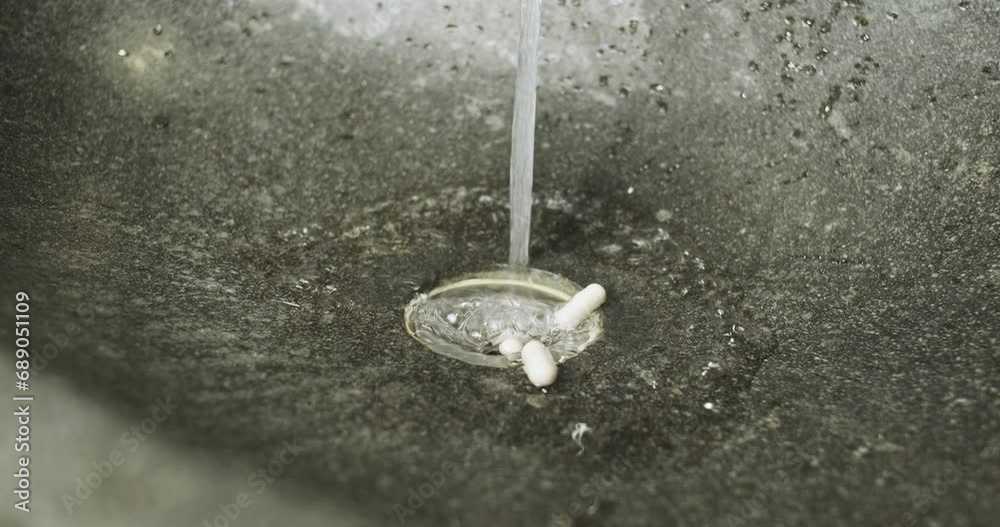 White pills fall into sink. Flush pills down the drain. Stream of water flows into drain of sink made of gray stone. Concept of addiction recovery, drugs, treatment. White pills fall into sink. Flush pills down the drain. Stream of water flows into drain of sink made of gray stone. Concept of addiction recovery, drugs, treatment.