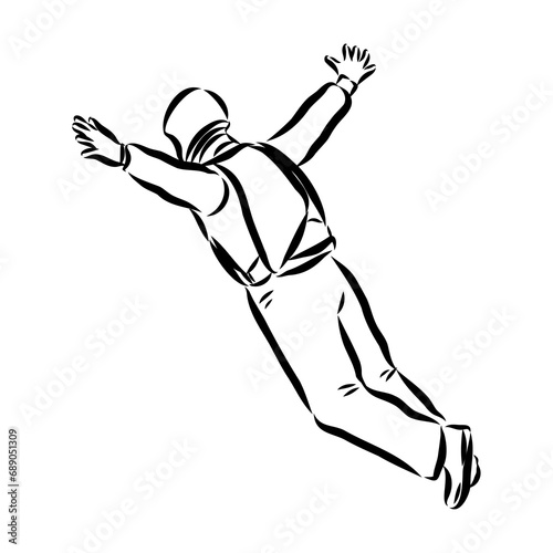 Hand drawn sketch of wingsuit in black isolated on white background.