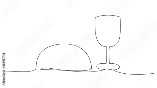 Continuous one line drawing of Wine and bread. Communion. Isolated in white background. Vector