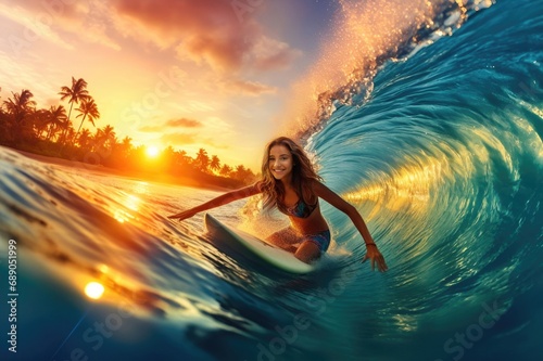 Girl surfer on the waves, tropics sunset © YamunaART