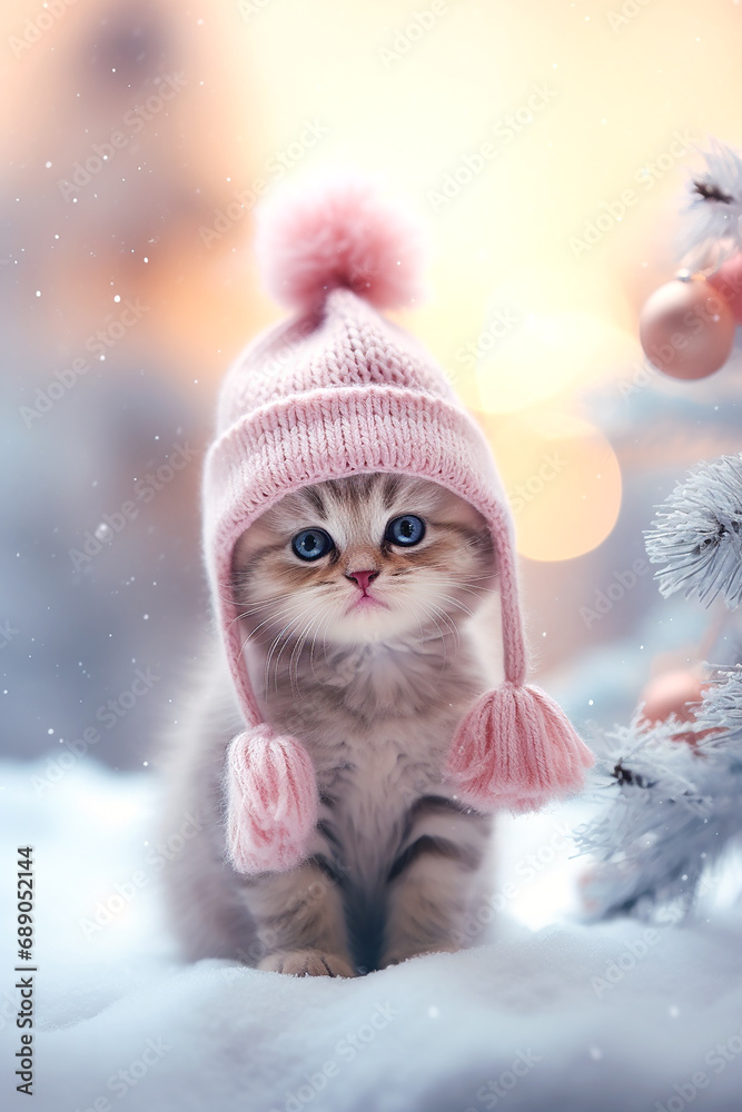 Obraz premium Cute kitten in knitted pastel pink hat on defocused snowy winter holiday background