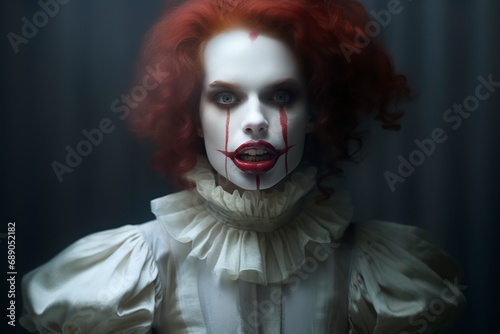 beautiful model dressed as a vampire clown posing in front of the camera