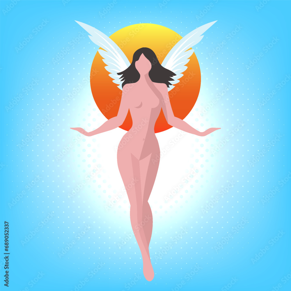 Vector graphic faceless seductive artistic beautiful lady angel with wings and gorgeous figure. Fairytale mythological elf or sorceress. Blue glowing background. Mysterious heavenly girl.