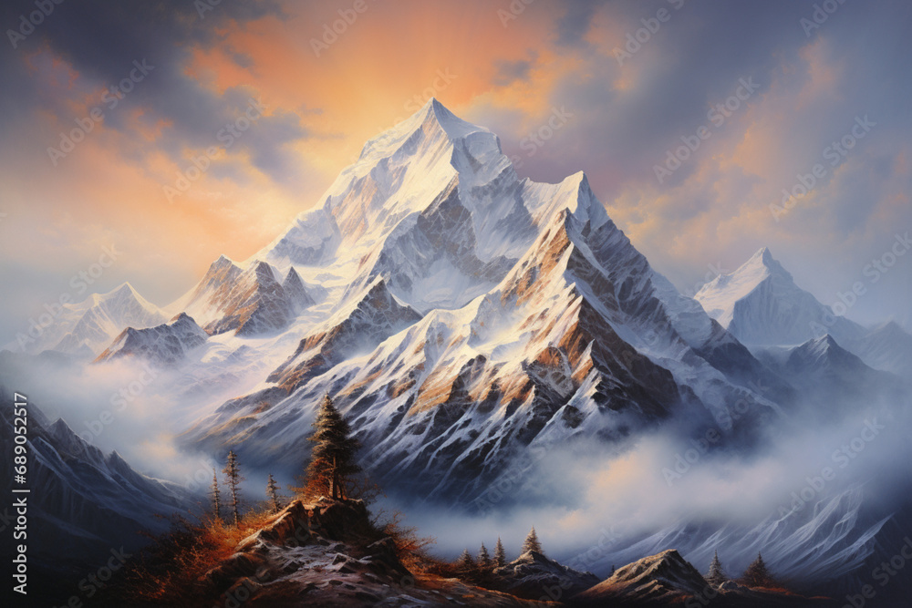 snowy mountain peaks, oil painting