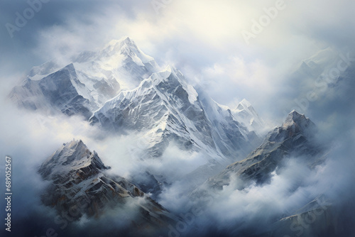 snowy mountain peaks, oil painting