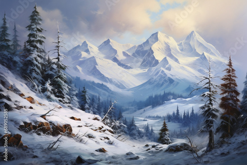 snowy mountain peaks, oil painting © Kritchanok