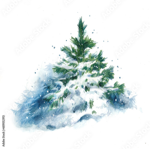 Watercolor illustration of a winter Christmas tree in a snowy forest