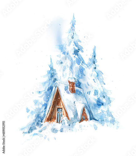 Watercolor illustration of a wooden house in a winter forest with snowy trees