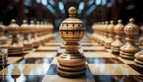 A wooden chess piece stands alone at the center of the game board among other pieces photo