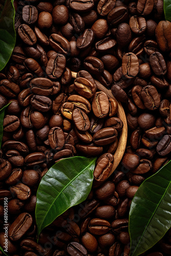 coffee beans on surface of a wood wth leaves. Generative Ai