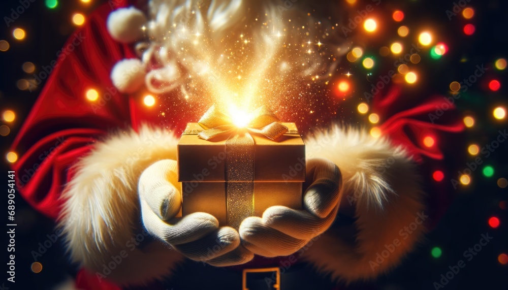 Heartwarming close-up of Santa Claus's hands as he opens a gift box, from which a dazzling golden light emerges, illuminating the scene with the spirit of Christmas.  - obrazy, fototapety, plakaty 