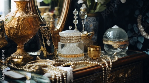 A close-up of the intricate details in the vintage decor of Vintage Glamour Hideaway, showcasing ornate gold accents, rich fabrics, and carefully curated vintage collectibles.