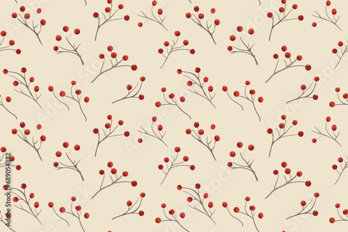 Fototapeta Naklejka Na Ścianę i Meble -  Rustic seamless pattern with Christmas berries, background for wallpaper, vector illustration