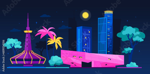 Night neon buildings of Israel - modern colored vector illustration photo