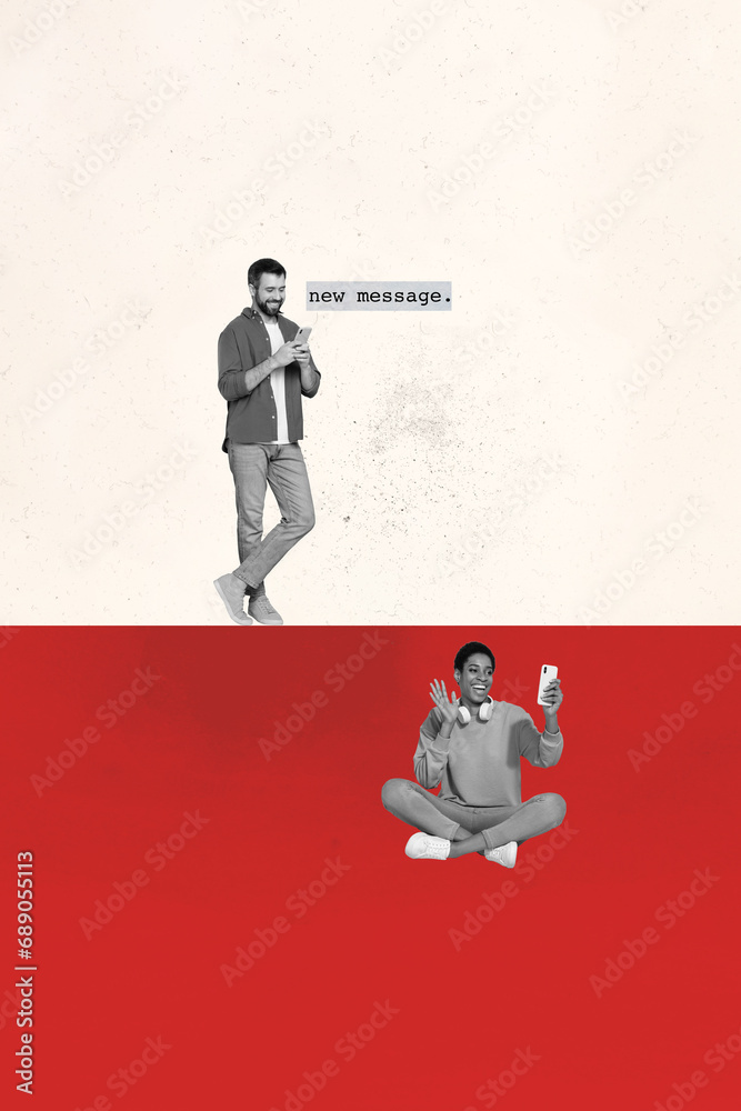 Obraz premium Vertical creative collage image of two friends communicate network video call wave hand modern technology red magazine surrealism metaphor