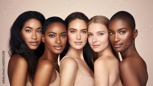 Beautiful women with beautiful faces. Skin care editorial. Five different types and colors of skin. Beige background. 