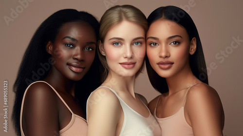 Beautiful women with beautiful faces. Skin care editorial. Three different types and colors of skin. Beige background. 