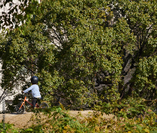 秋の公園で自転車を乗っている幼児の姿
