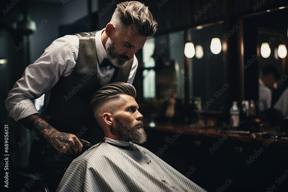 A professional barber skillfully executes a traditional men's haircut, using meticulous tools and techniques for a precise, clean look, showcasing his artistry and mastery.