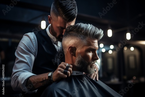 A professional barber skillfully executes a traditional men's haircut, using meticulous tools and techniques for a precise, clean look, showcasing his artistry and mastery.