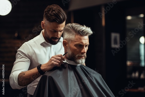 A professional barber skillfully executes a traditional men's haircut, using meticulous tools and techniques for a precise, clean look, showcasing his artistry and mastery.