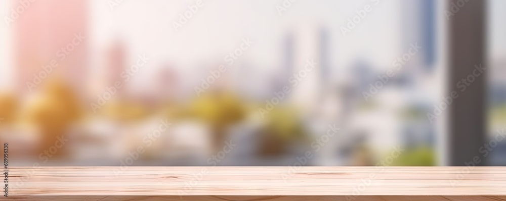 Modern interior design. Blurred empty table with bokeh lights abstract business space. Counter with background. Cafe elegance. Vintage wooden desk