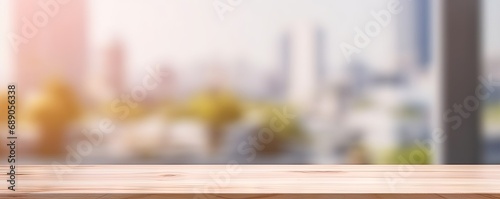Modern interior design. Blurred empty table with bokeh lights abstract business space. Counter with background. Cafe elegance. Vintage wooden desk