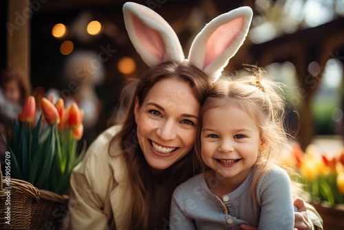 A woman and a little girl, both donning bunny ears, share a playful moment indoors, their smiles embodying the happiness and spirit of Easter