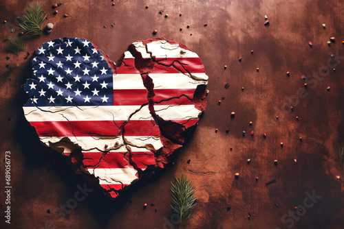 flat lay american flag in the shape of a heart with copy space. shattered heart. vintage background. AI generated