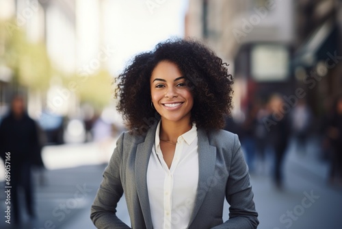 Confident Businesswoman on Vibrant Urban Street in Sunlight