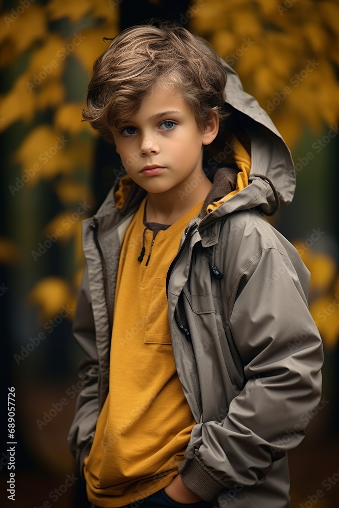 boy outdoors in a raincoat looking sadly at the autumn day boy outdoors in a raincoat looking sadly at the autumn day
