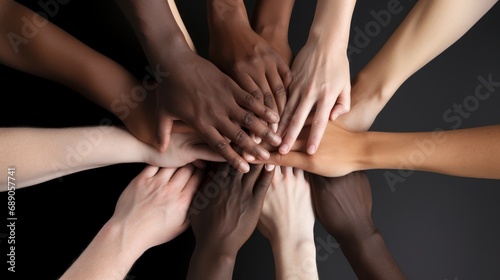 All hands together, united diversity or multi-cultural partnership in a group photo